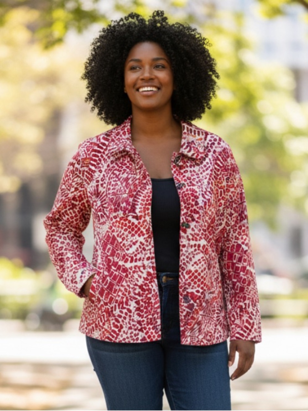 Chico's Red and Cream Printed Button-Front Jacket